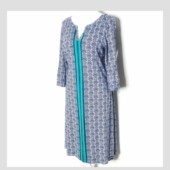 Hatley Dresses & Skirts - Hatley Dress Blue White Print 3/4 Sleeve Tunic Dress Stretch Fabric Popover Sz L